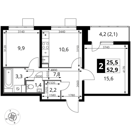 52,9 м², 2-комн. квартира, 24/25 этаж