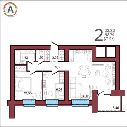 Продажа 2-комнатной квартиры 71,5 м², 9/14 этаж