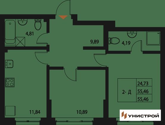 55,5 м², 2-комн. квартира, 6/20 этаж