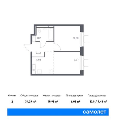 34,3 м², 1-комн. квартира, 15/17 этаж