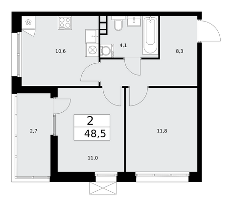 48,5 м², 2-комн. квартира, 11/15 этаж