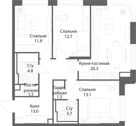 Продажа 3-комнатной квартиры 82,3 м², 13/35 этаж