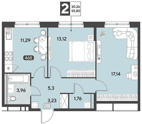 Продажа 2-комнатной квартиры 55,8 м², 12/21 этаж