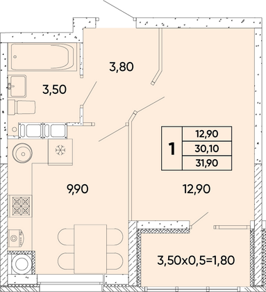 31,9 м², 1-комн. квартира, 2/9 этаж