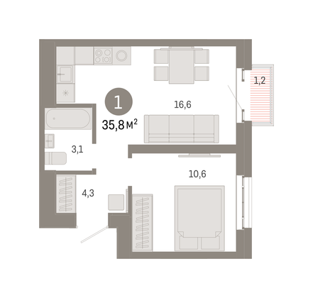 Продажа 1-комнатной квартиры 35,8 м², 23/31 этаж