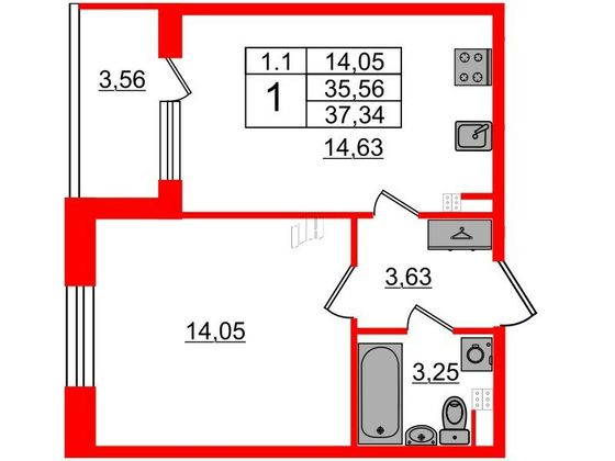 Продажа 1-комнатной квартиры 35,6 м², 3/5 этаж