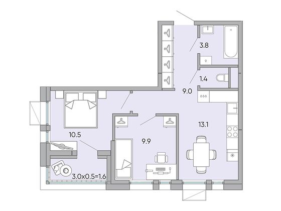 49,2 м², 2-комн. квартира, 2/18 этаж