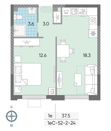 37,5 м², 1-комн. квартира, 24/24 этаж