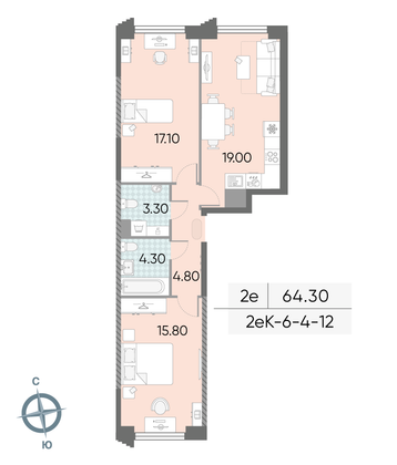 Продажа 2-комнатной квартиры 64,3 м², 6/58 этаж