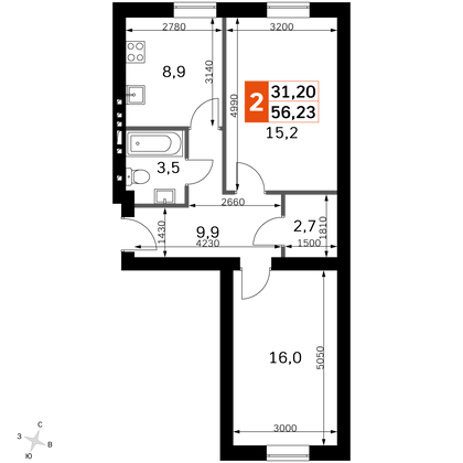 56,2 м², 2-комн. квартира, 2/4 этаж