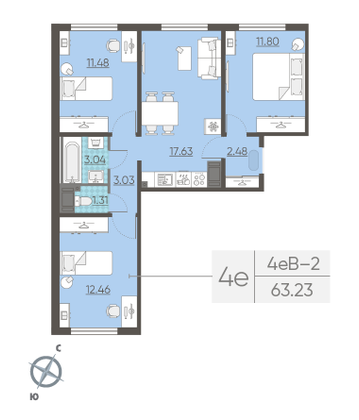 Продажа 3-комнатной квартиры 63,2 м², 12/17 этаж