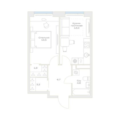 Продажа 1-комнатной квартиры 42,9 м², 4/23 этаж