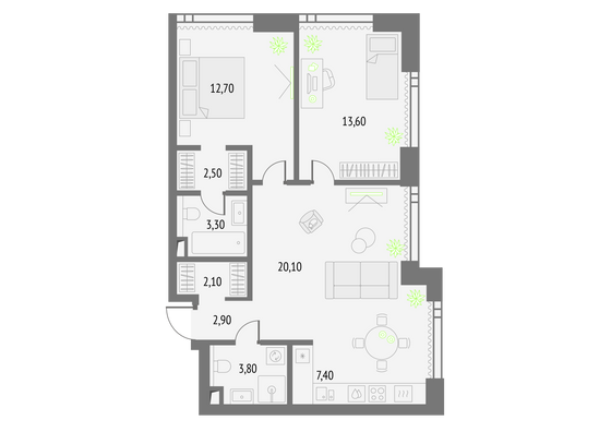 68,4 м², 2-комн. квартира, 42/55 этаж