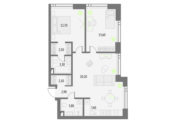 68,4 м², 2-комн. квартира, 39/55 этаж