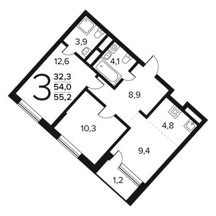 Продажа 3-комнатной квартиры 55,2 м², 2/12 этаж