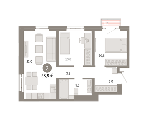 58,8 м², 2-комн. квартира, 23/31 этаж