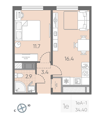 Продажа 1-комнатной квартиры 34,4 м², 18/25 этаж