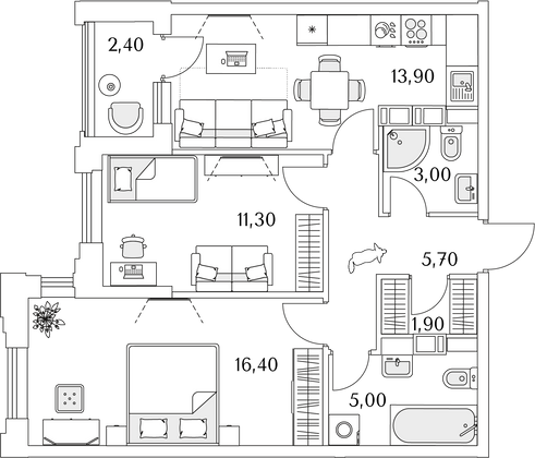 58,4 м², 2-комн. квартира, 12/13 этаж