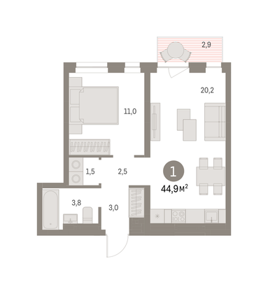 Продажа 1-комнатной квартиры 44,9 м², 5/6 этаж