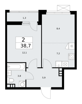 38,7 м², 2-комн. квартира, 5/18 этаж
