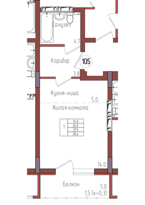 28,4 м², 1-комн. квартира, 5/9 этаж