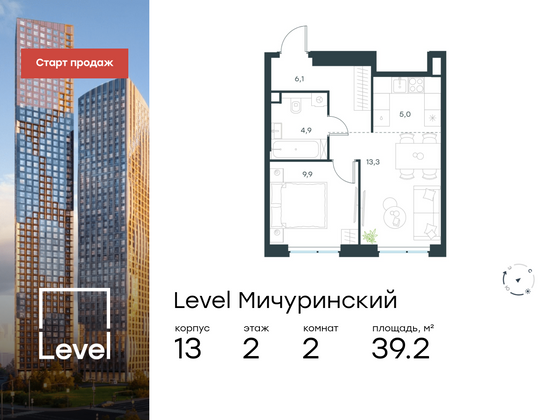 39,2 м², 2-комн. квартира, 2/31 этаж