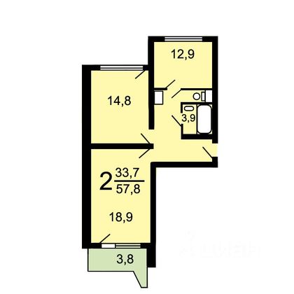 Продажа 2-комнатной квартиры 57,8 м², 11/17 этаж