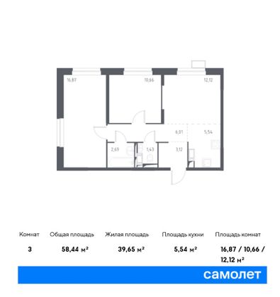 Продажа 3-комнатной квартиры 59,2 м², 5/17 этаж