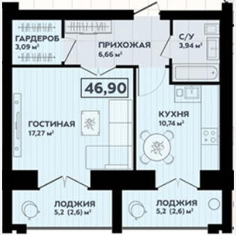 Продажа 1-комнатной квартиры 46,9 м², 4/8 этаж