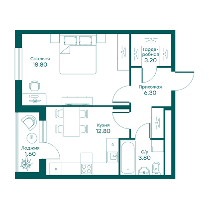 46,5 м², 1-комн. квартира, 5/6 этаж