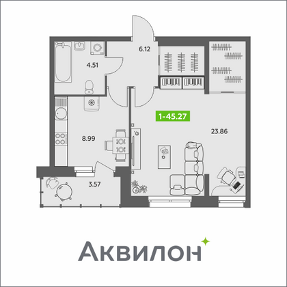 45,3 м², 1-комн. квартира, 1/8 этаж