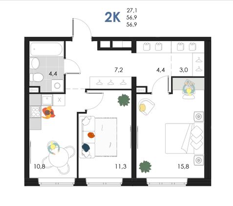 56,9 м², 2-комн. квартира, 1/6 этаж