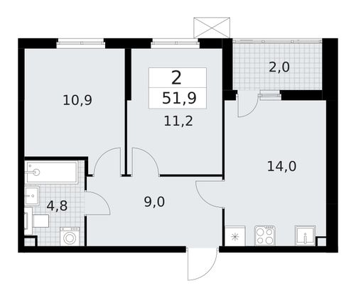 51,9 м², 2-комн. квартира, 2/11 этаж