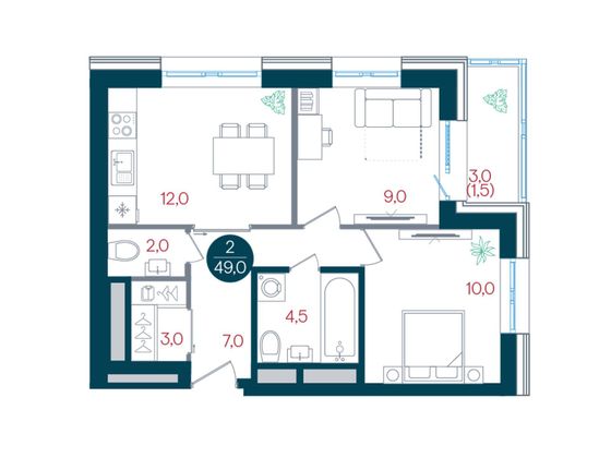 49 м², 2-комн. квартира, 28/32 этаж