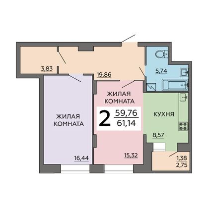 Продажа 2-комнатной квартиры 61,1 м², 13/18 этаж