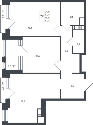 59,3 м², 2-комн. квартира, 6/8 этаж