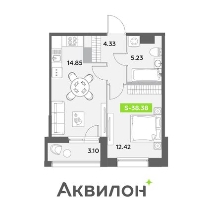 38,4 м², 1-комн. квартира, 12/12 этаж