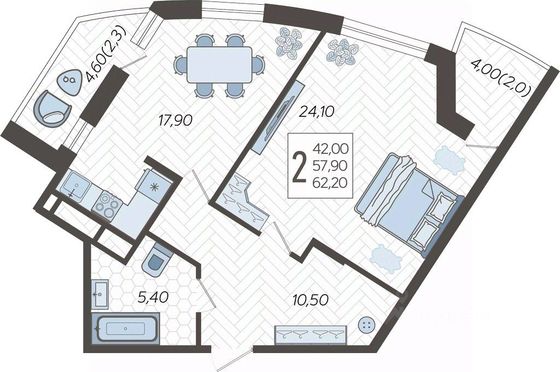 Продажа 2-комнатной квартиры 62,2 м², 5/16 этаж