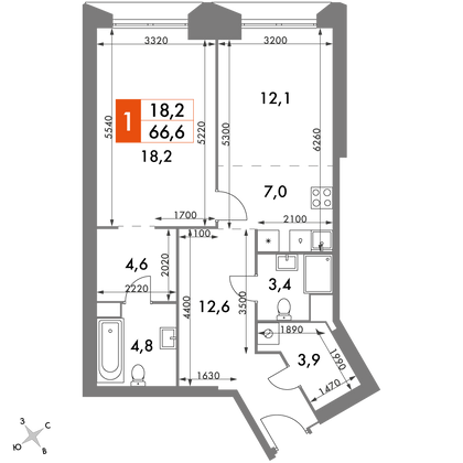 66,6 м², 2-комн. квартира, 33/47 этаж