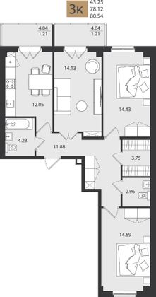 80,5 м², 3-комн. квартира, 2/16 этаж