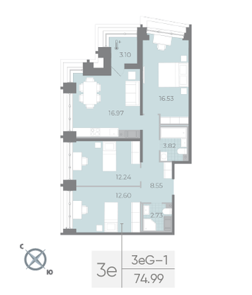 Продажа 3-комнатной квартиры 75 м², 17/17 этаж