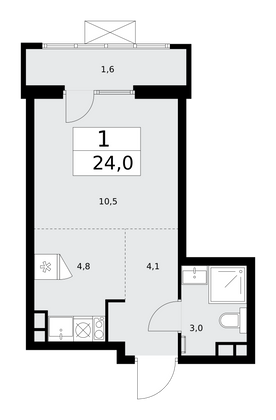 24 м², 1-комн. квартира, 13/15 этаж