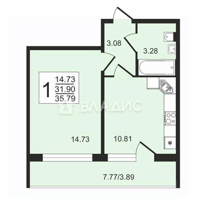 Продажа 1-комнатной квартиры 35,8 м², 2/9 этаж