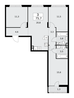 75,7 м², 3-комн. квартира, 9/15 этаж