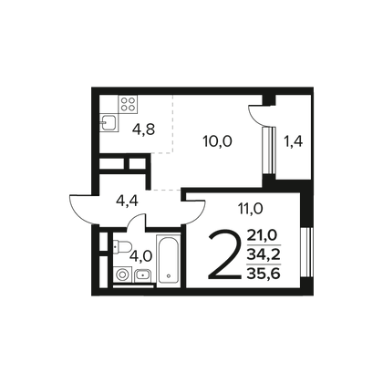 Продажа 2-комнатной квартиры 35,6 м², 2/9 этаж