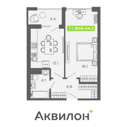 Продажа 1-комнатной квартиры 44,5 м², 5/16 этаж