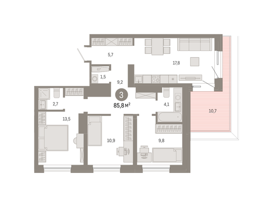 85,8 м², 3-комн. квартира, 8/8 этаж