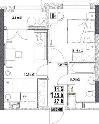 Продажа 1-комнатной квартиры 37,8 м², 14/24 этаж