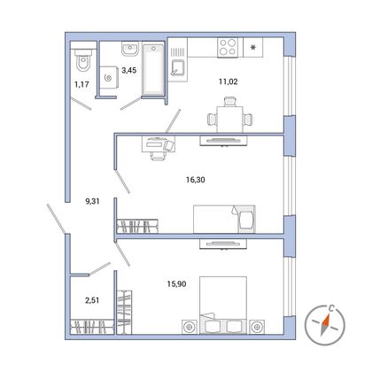 Продажа 2-комнатной квартиры 59,7 м², 1/7 этаж