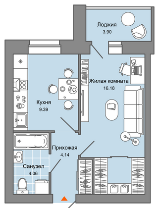 36 м², 1-комн. квартира, 6/7 этаж